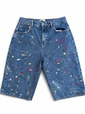 Pull&Bear Blue Paint-Splatter Denim Shorts